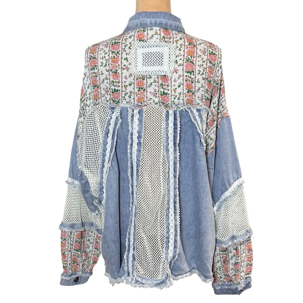 POL Patchwork Denim Jacket Shacket SZ L Blue Flor… - image 6